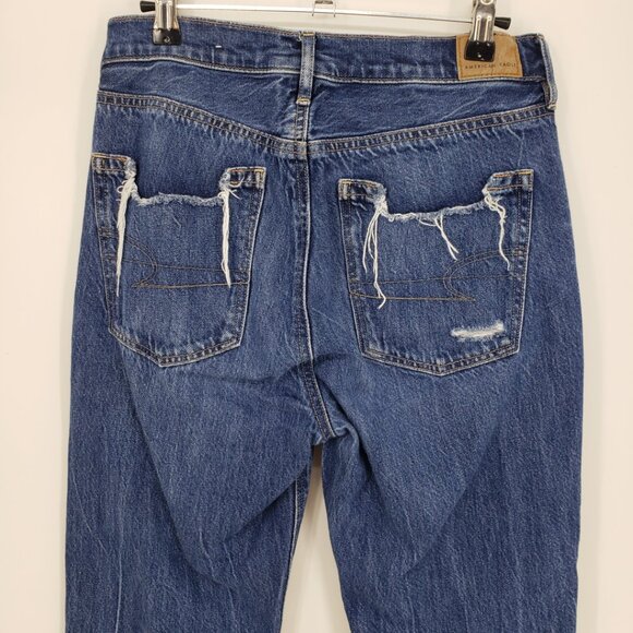 American Eagle 90s Flare Distressed Jeans 2 Womens Cropped Frayed Raw Hem Blue - Picture 7 of 10